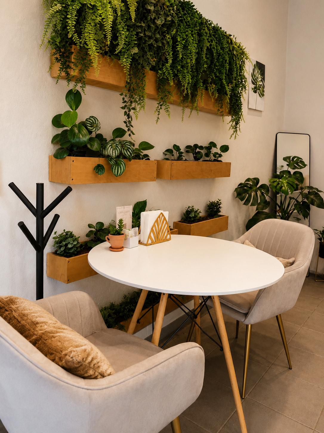 Interior de Alere · rincón con muro verde y mesa redonda
