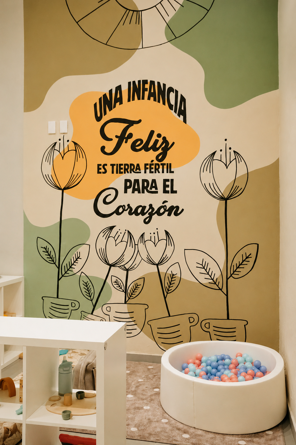 Detalle del mural 'Una infancia feliz' en la ludoteca